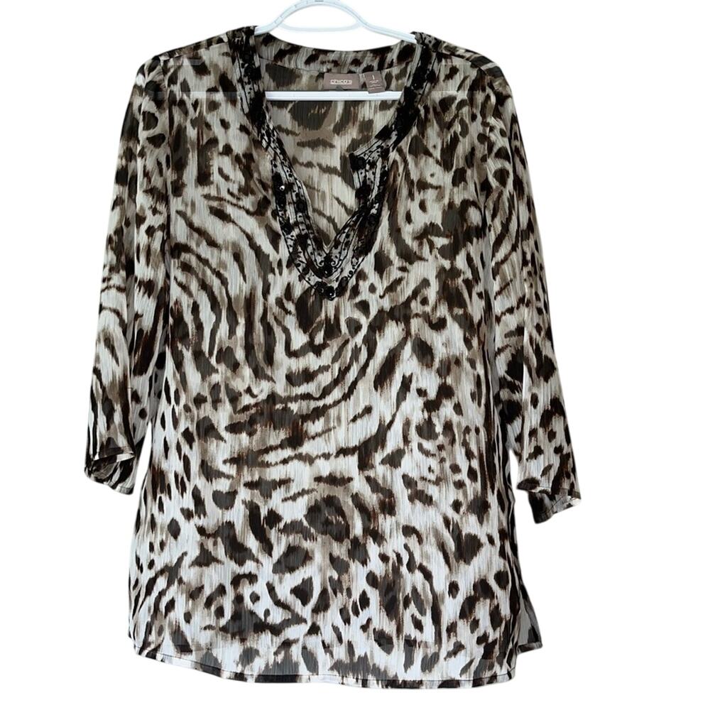 Chico's Brown Patterned Sheer Blouse Size 1 (Medium)